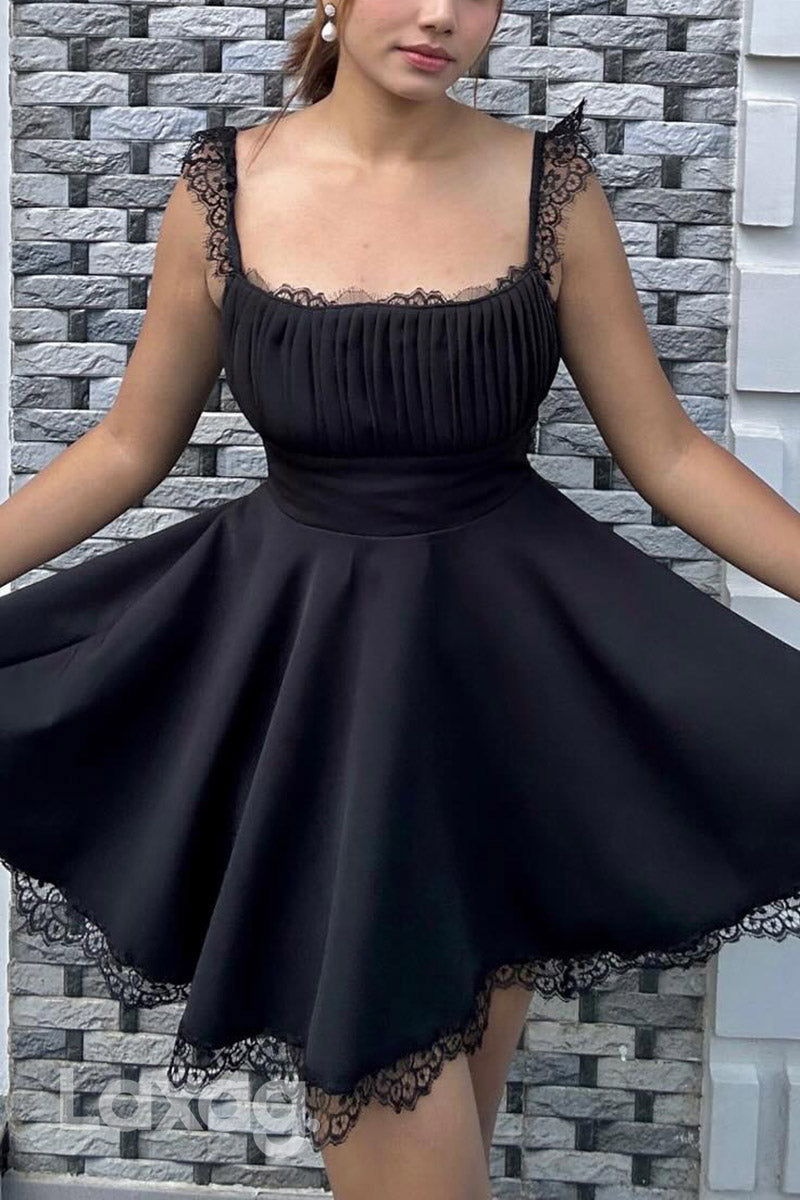 22901 - A-Line Spaghetti Straps Lace Sleek Satin Elegant Party Homecoming Dress