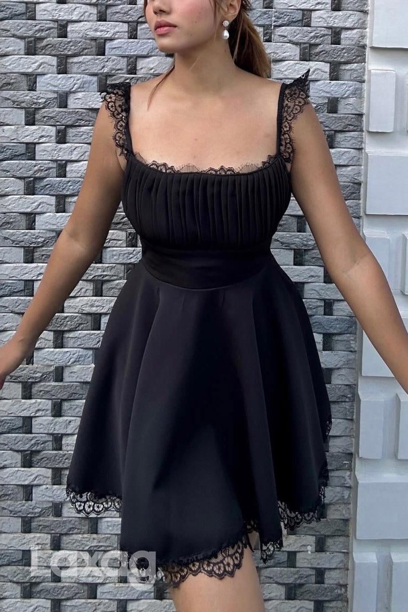 22901 - A-Line Spaghetti Straps Lace Sleek Satin Elegant Party Homecoming Dress