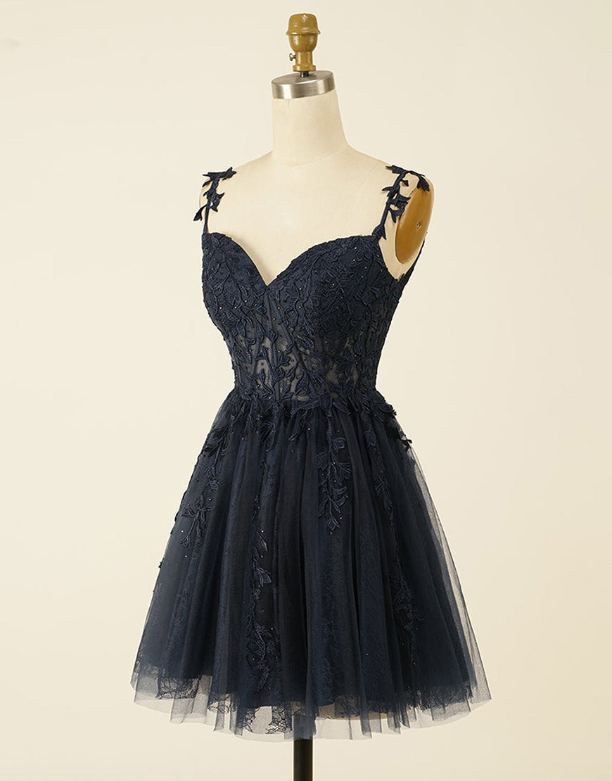 A-Line Spaghetti Straps Short Tulle Homecoming Dress With Appliques - Fashionpara