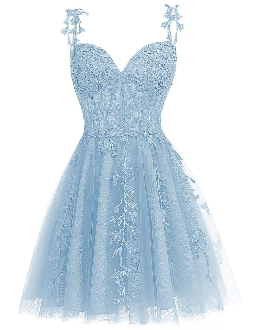 A-Line Spaghetti Straps Short Tulle Homecoming Dress With Appliques - Fashionpara