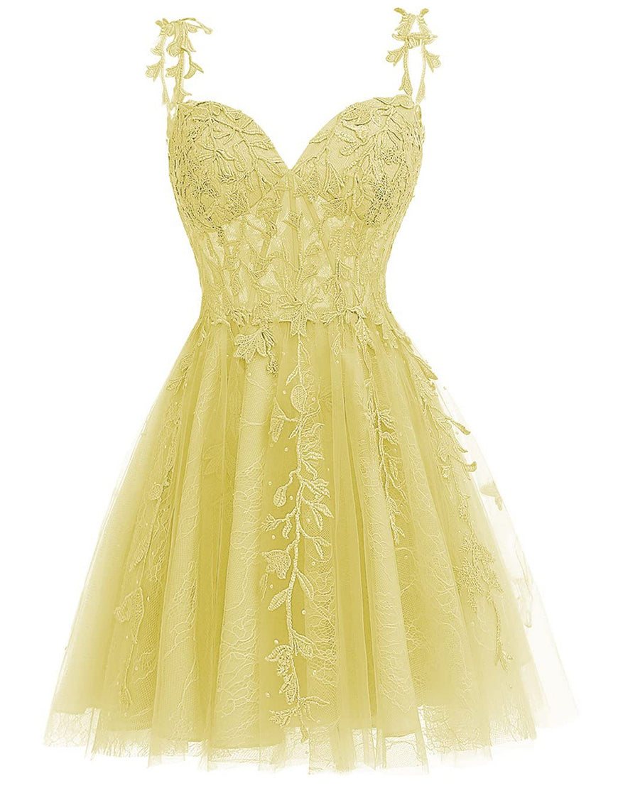 A-Line Spaghetti Straps Short Tulle Homecoming Dress With Appliques - Fashionpara