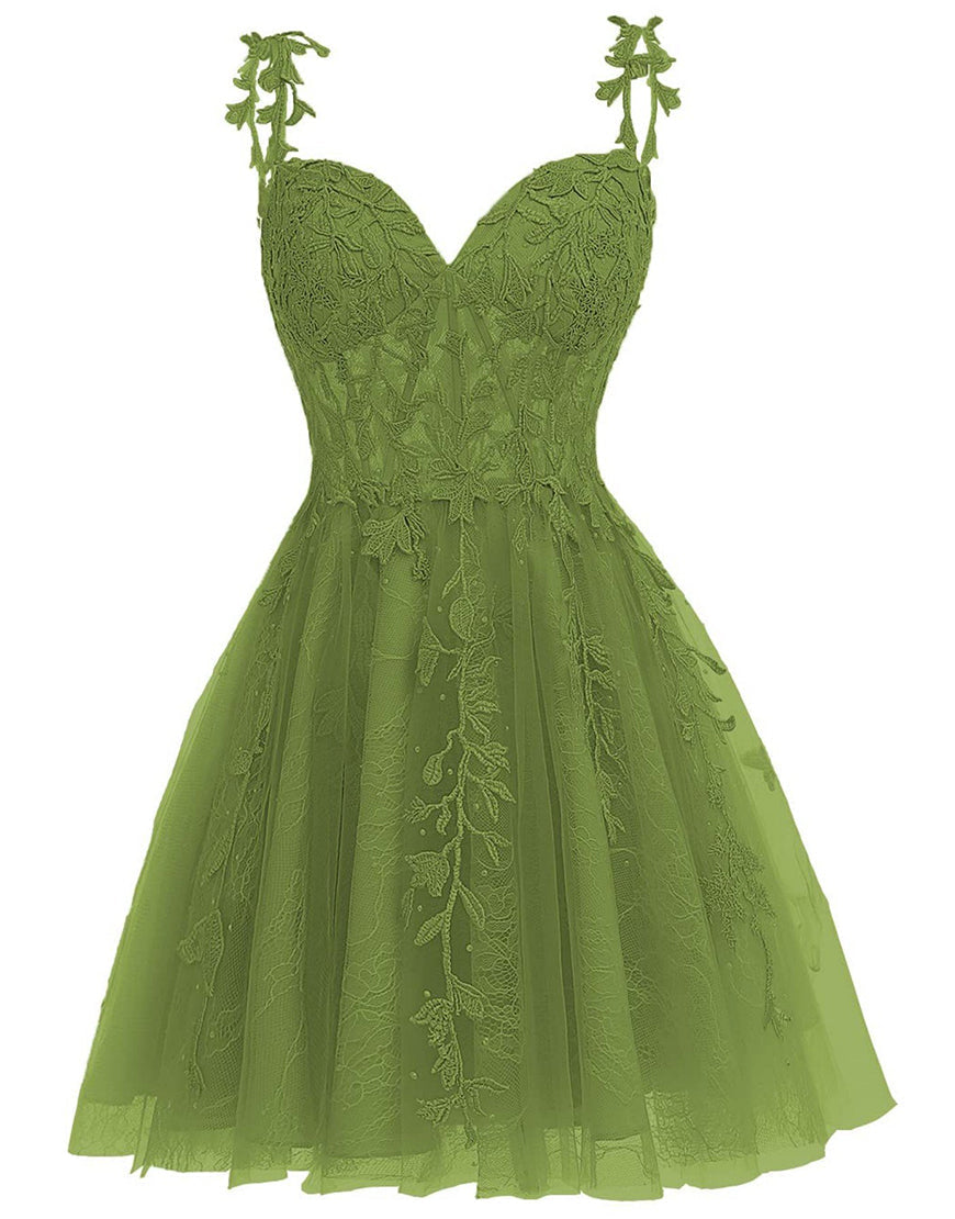 A-Line Spaghetti Straps Short Tulle Homecoming Dress With Appliques - Fashionpara