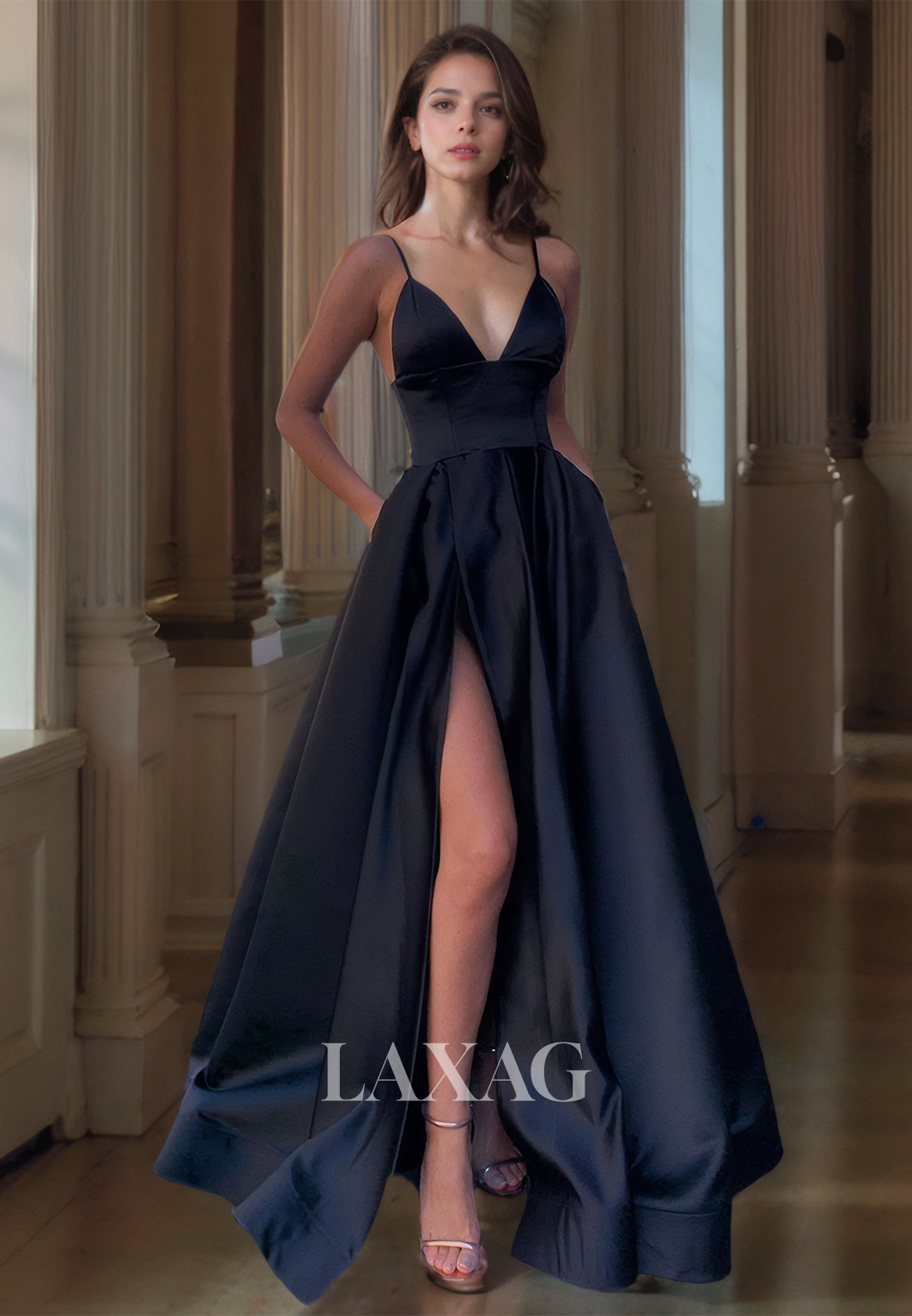 A-Line V-Neck Spaghetti Straps Off-Shoulder Sleeveless Sleek Satin Prom Dress with High Slit