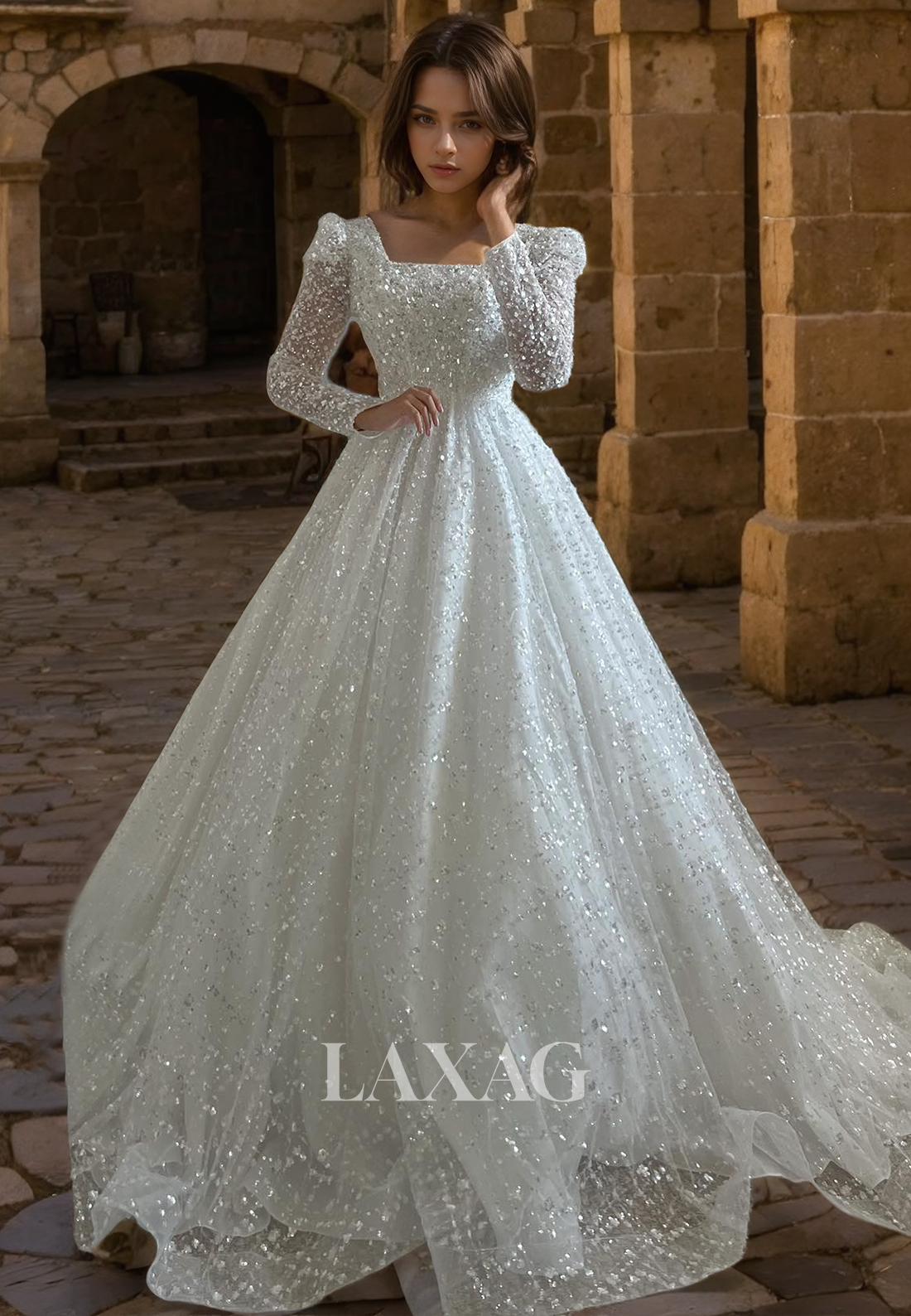 15506 --Sparkly Long Sleeves Glitter Sequined Bridal Wedding Gown - Fashionpara