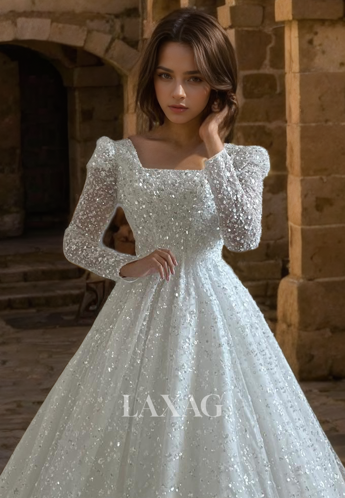 Sparkly Long Sleeves Glitter Sequined Bridal Wedding Gown - Fashionpara