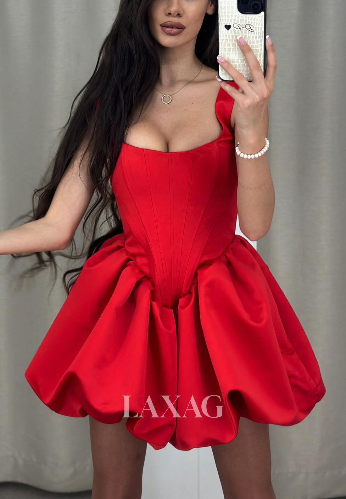 A-Line Square Pleated Sleek Satin Elegant Party Homecoming Dress - Fashionpara