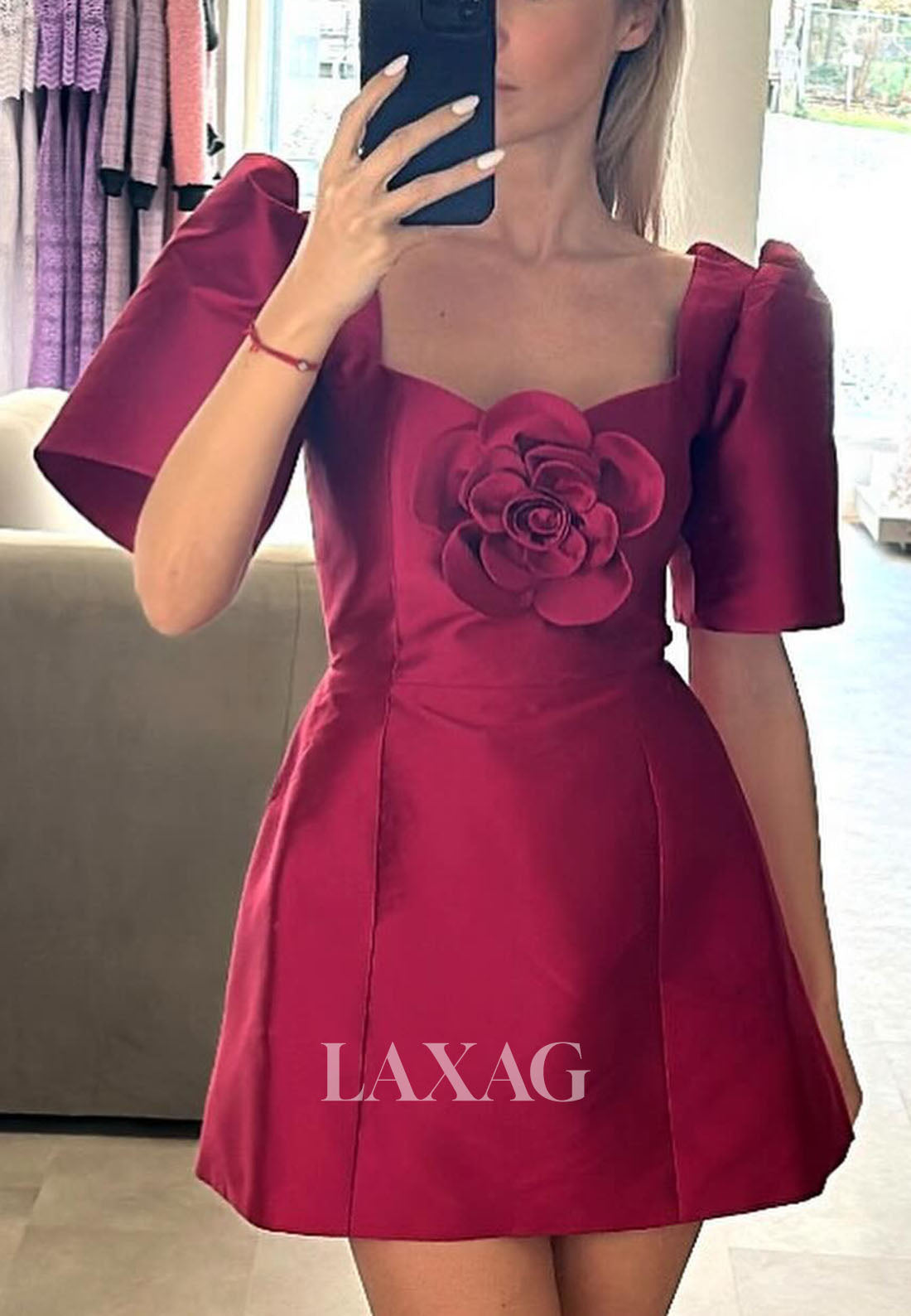 A-Line Square Short Sleeves Floral Embossed Party Homecoming Dress - Fashionpara