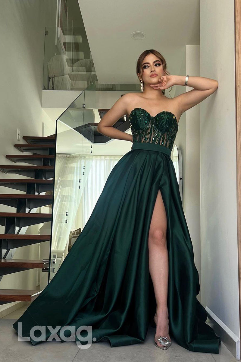 22309 - A-Line Strapless Beaded Party Prom Formal Evening Dress with Slit - Fashionpara