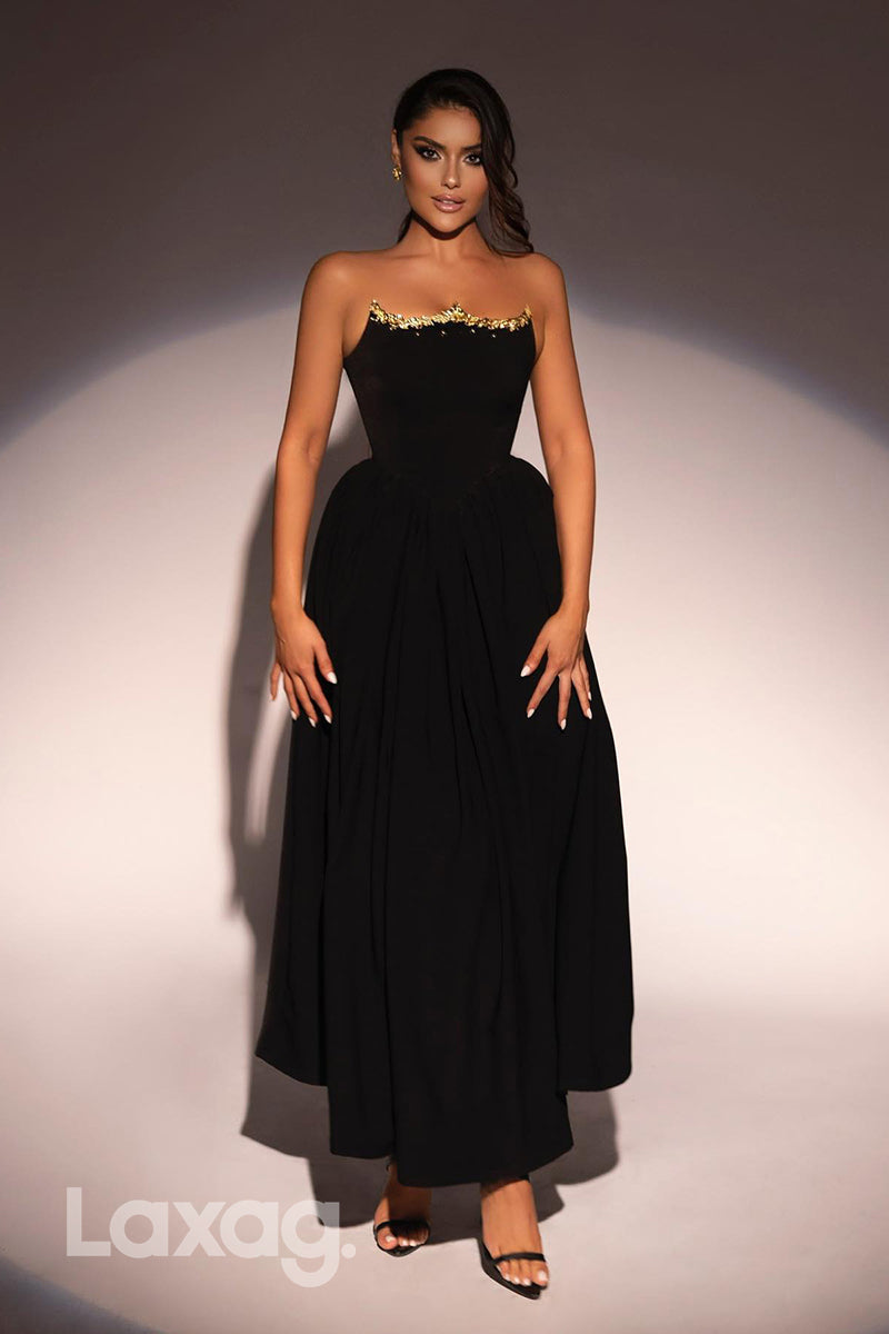 22289 - A-Line Strapless Beaded Sleek Satin Party Prom Formal Evening Dress - Fashionpara