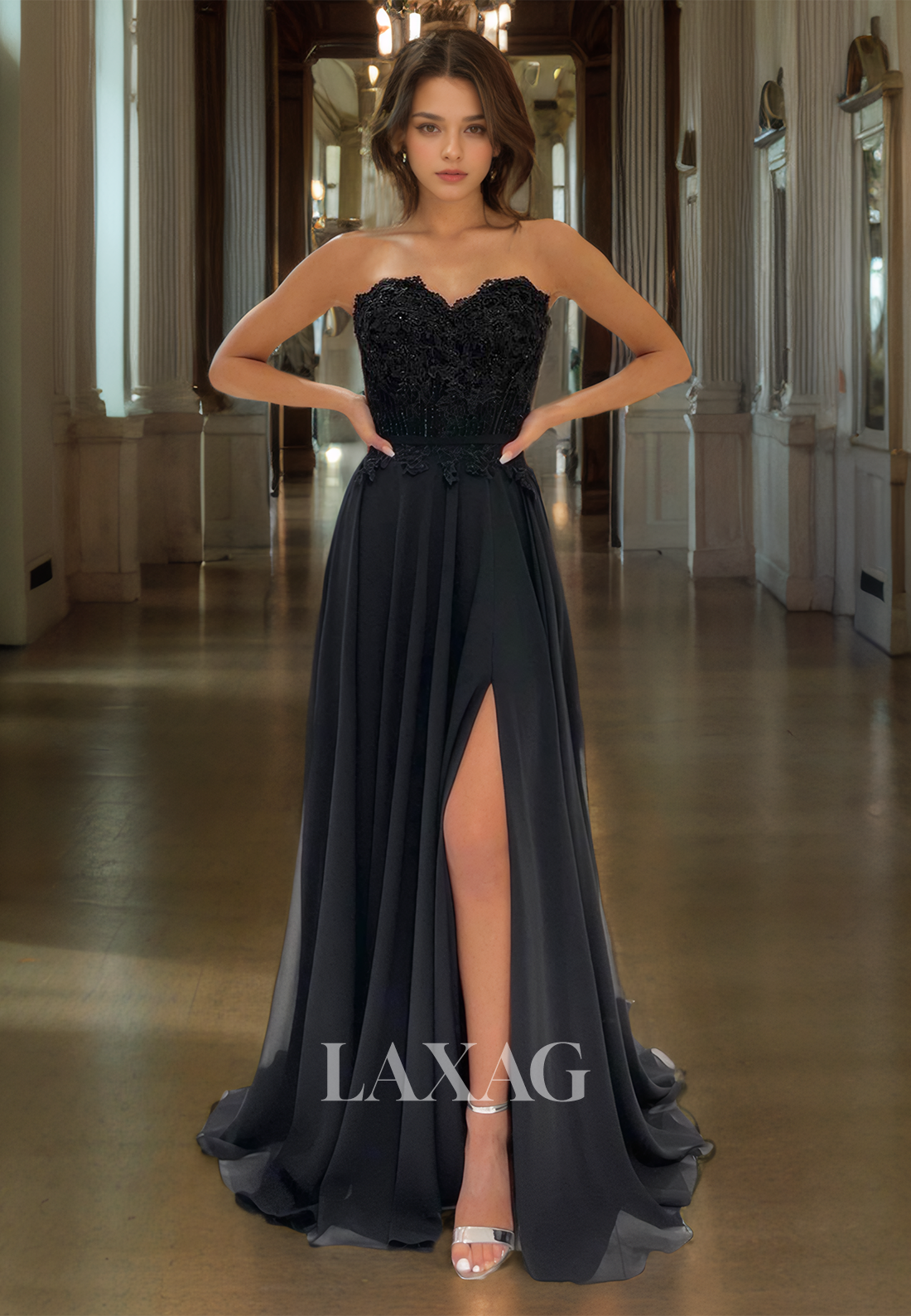 Strapless Lace Appliques Black Prom Dress with Slit - Fashionpara