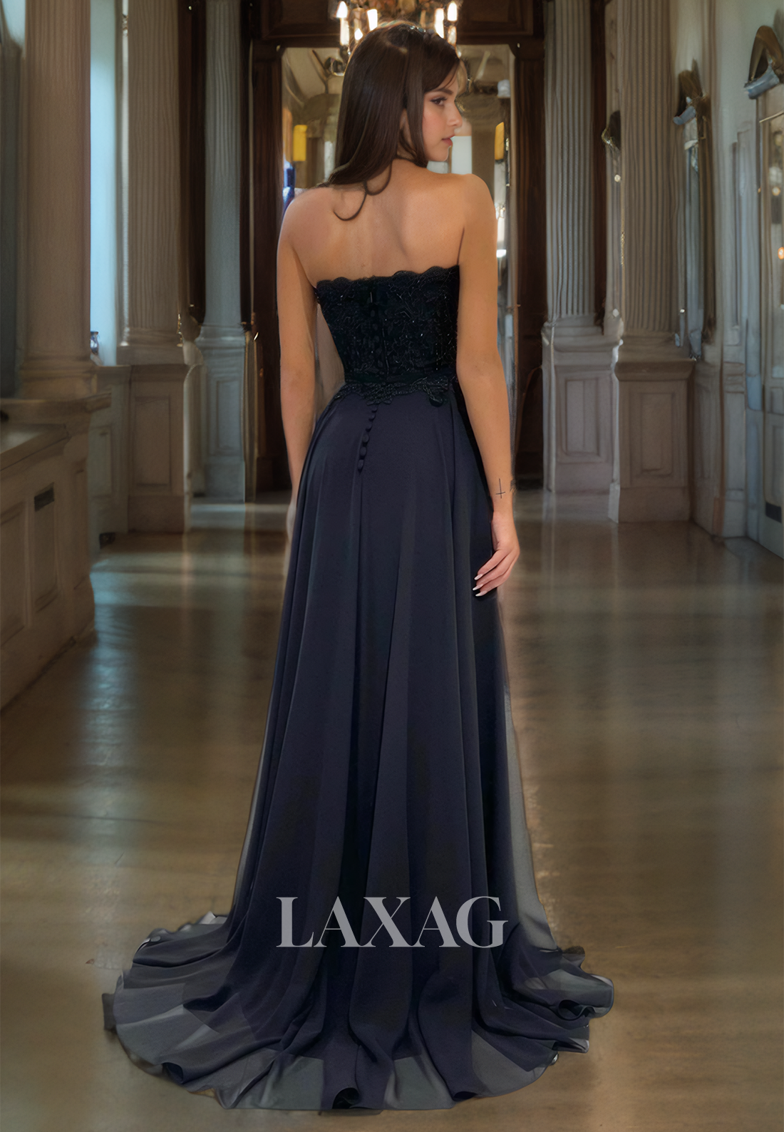 Strapless Lace Appliques Black Prom Dress with Slit - Fashionpara