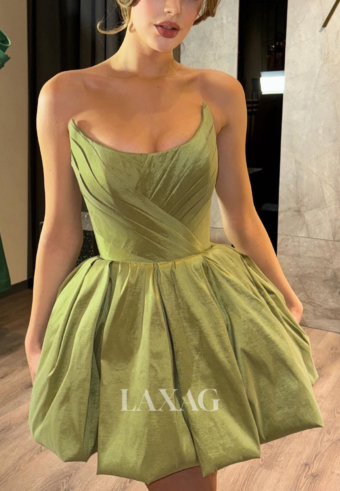 A-Line Strapless Pleated Sleek Satin Elegant Party Homecoming Dress - Fashionpara