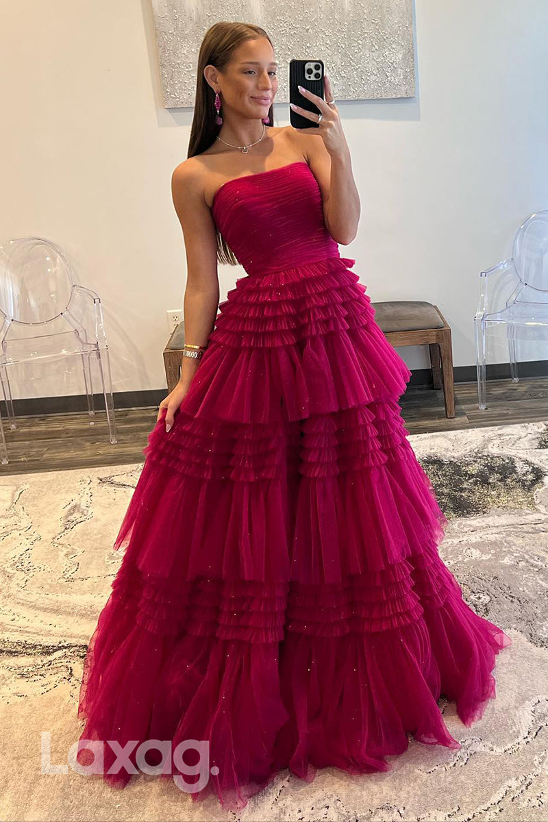 22336 - A-Line Strapless Sparkly Tulle Party Prom Formal Evening Dress with Slit - Fashionpara