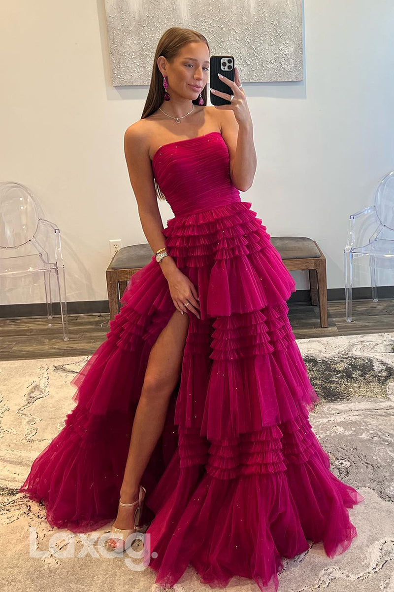 22336 - A-Line Strapless Sparkly Tulle Party Prom Formal Evening Dress with Slit - Fashionpara