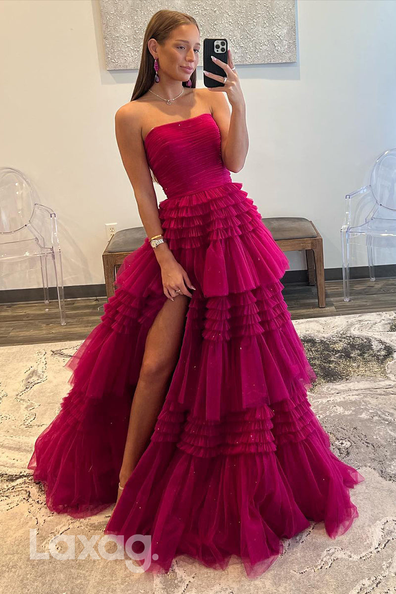 22336 - A-Line Strapless Sparkly Tulle Party Prom Formal Evening Dress with Slit - Fashionpara