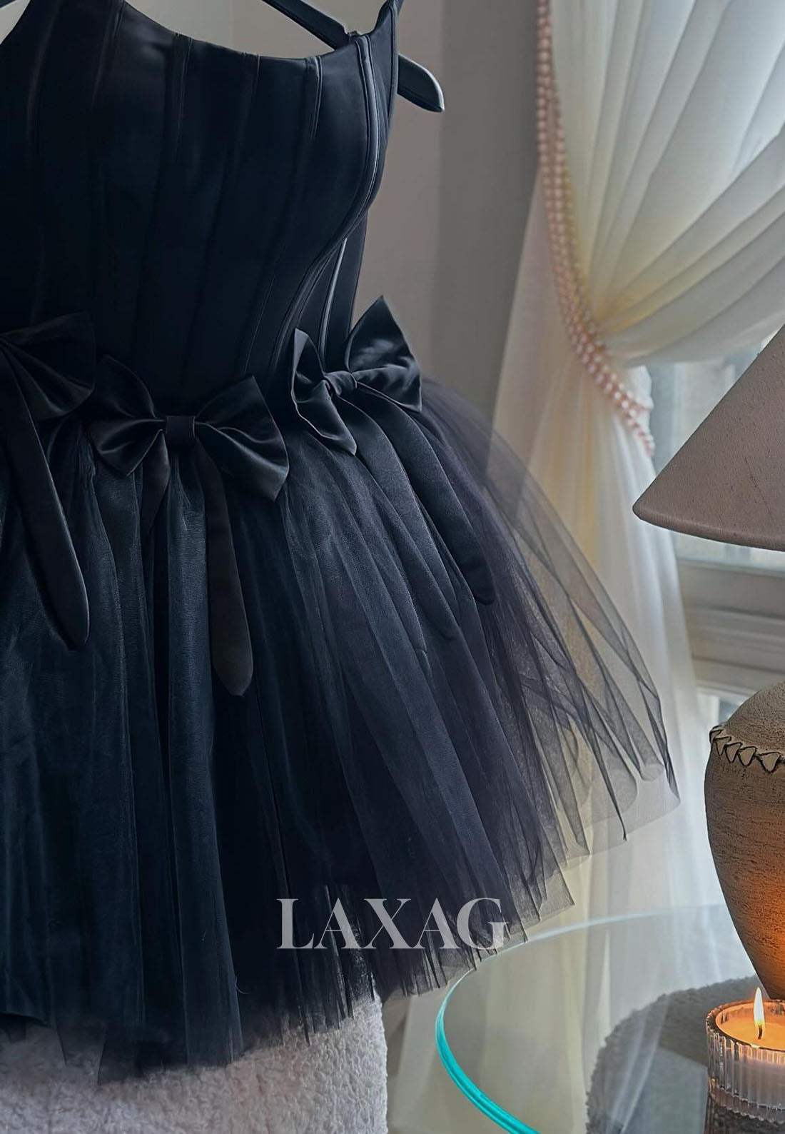 A-Line Strapless Sleek Satin Tulle Party Homecoming Dress with Bow Detail - Fashionpara