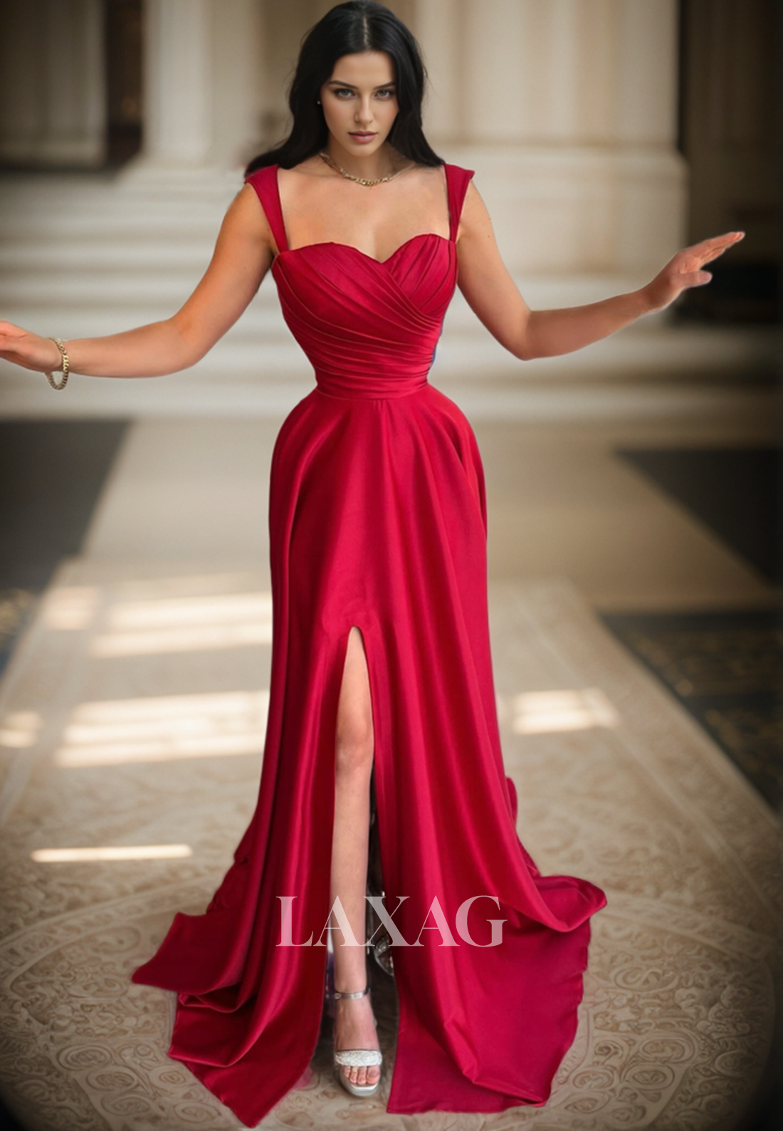23170 - A-Line Straps Pleated Sleek Satin Party Prom Formal Evening Dress with Slit - Fashionpara