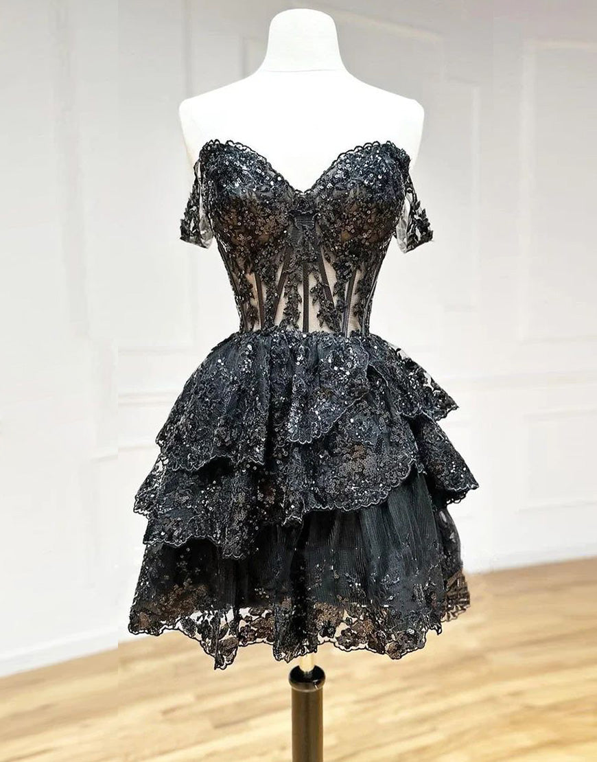 Cute A-Line Tiered Short Homecoming Dress With Appliques - Fashionpara