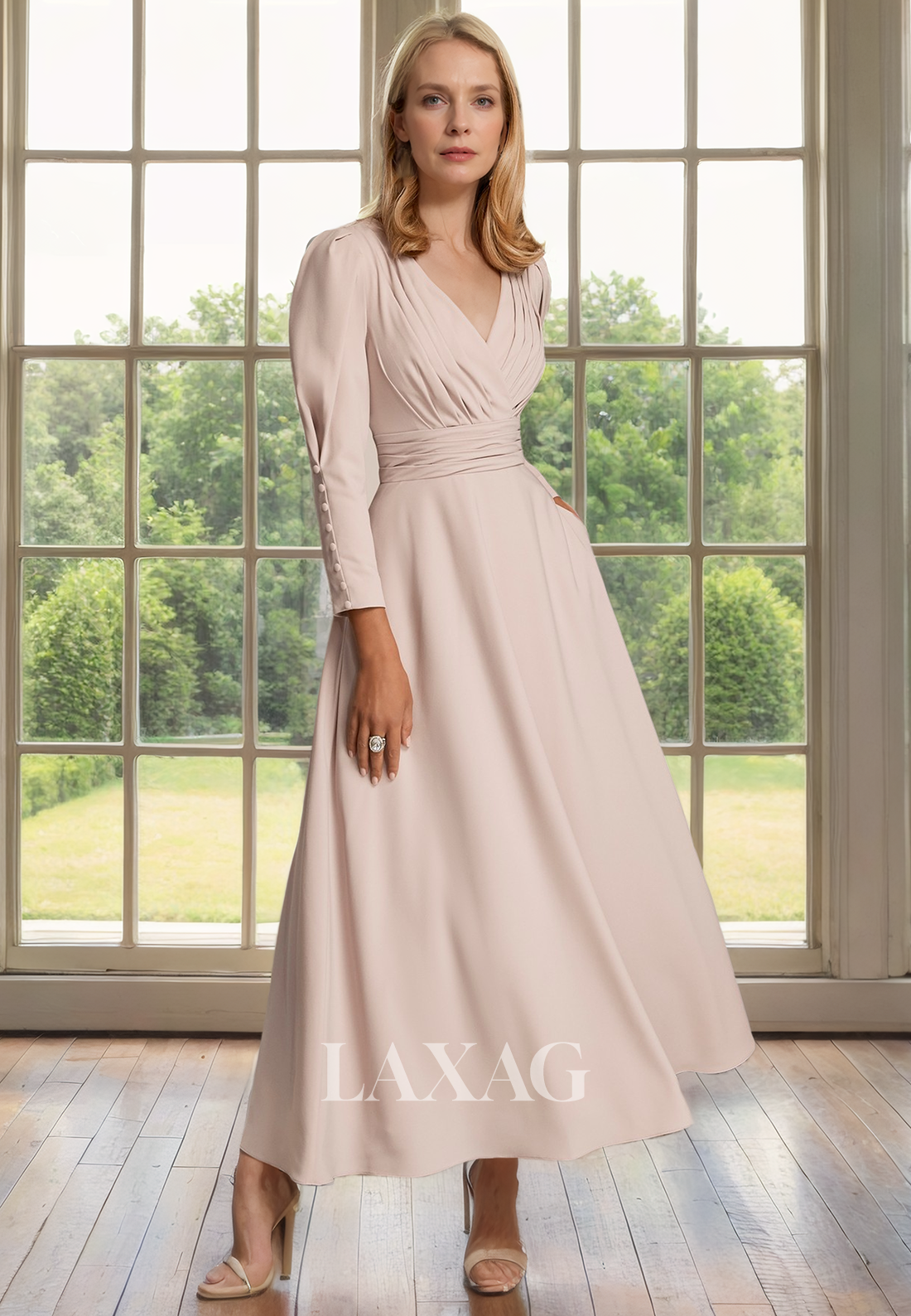 A-Line V-Neck Long Sleeves Pleated Sleek Satin Mother of the Bride Dress