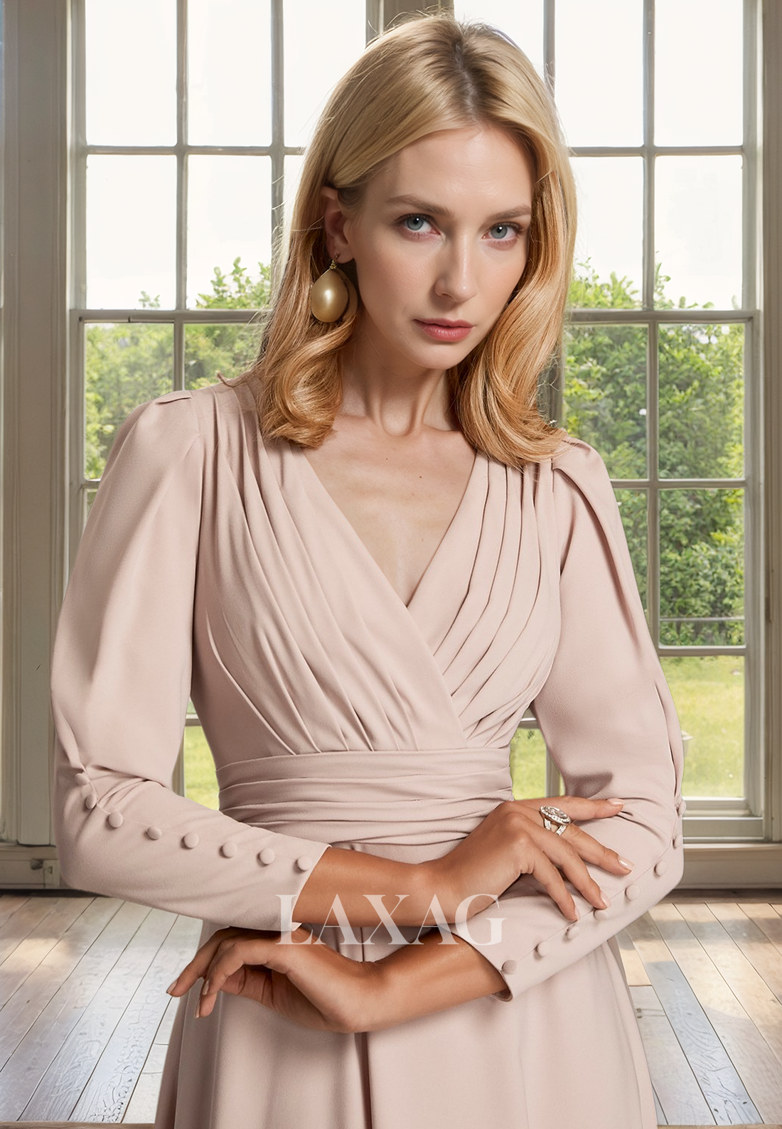 A-Line V-Neck Long Sleeves Pleated Sleek Satin Mother of the Bride Dress