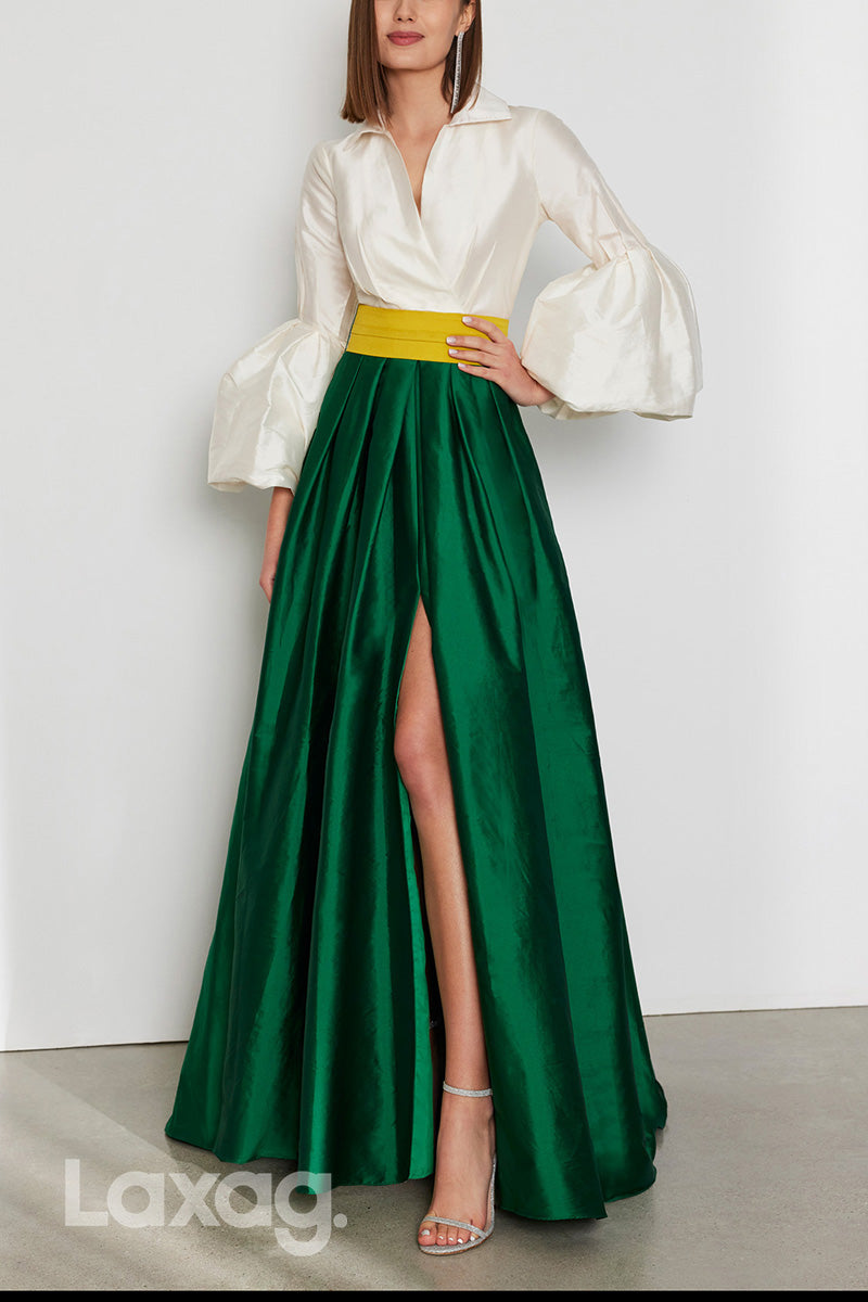 22962 - A-Line V-Neck Puff Sleeves Multi-Color Cocktail Party Formal Evening Dress with Slit