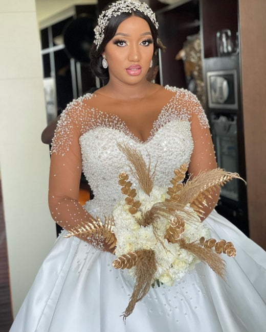 A-Line Exquisite Floor-Length Long Sleeve Lace V-Neck Tulle Wedding Dresses with Beadings - Fashionpara