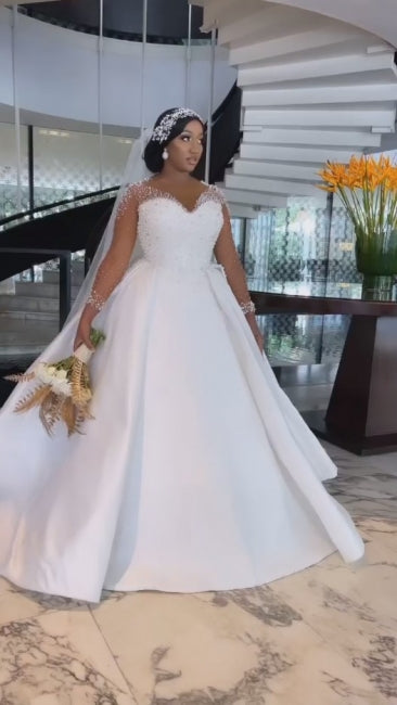 A-Line Exquisite Floor-Length Long Sleeve Lace V-Neck Tulle Wedding Dresses with Beadings - Fashionpara