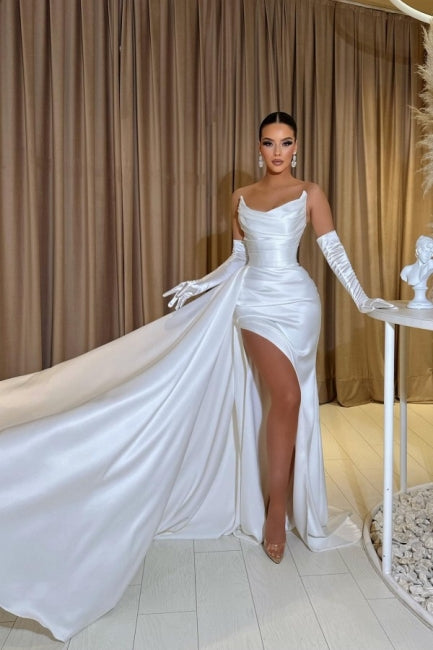 A-Line Floor-Length Sleeveless Strapless Charmeuse Split Front Stain Prom Dresses with Ruffles - Fashionpara
