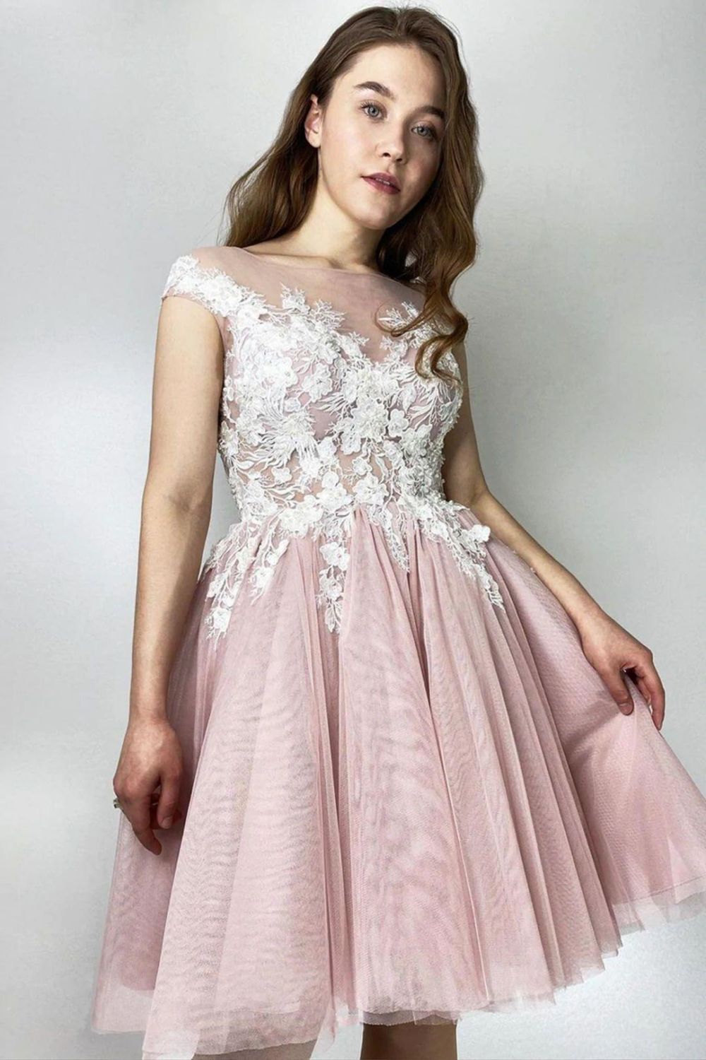 A-line Cap Sleeves Homecoming Dress With Applique - Fashionpara