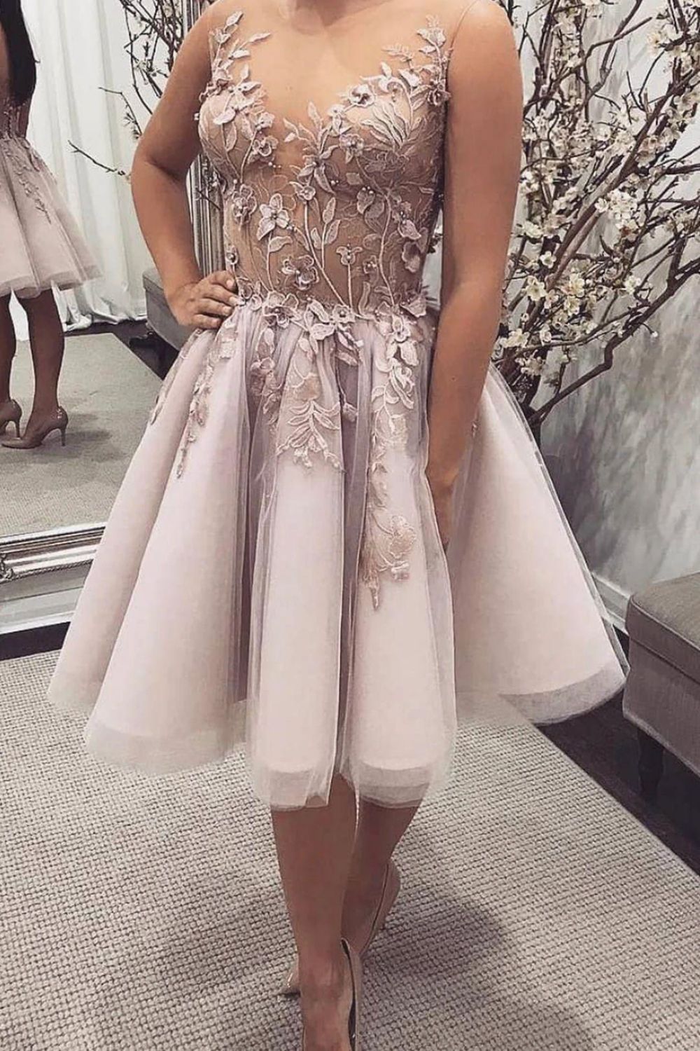 A-line Illusion neckline Homecoming Dress With Applique - Fashionpara