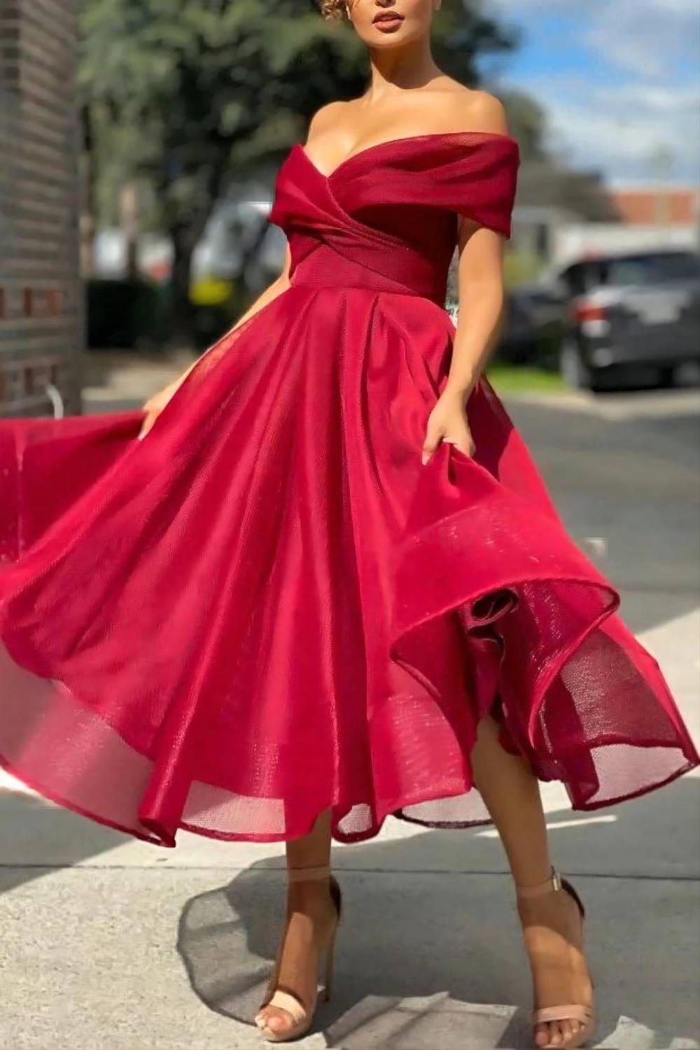 A-line Tea Length Off The Shoulder Homecoming Dress - Fashionpara