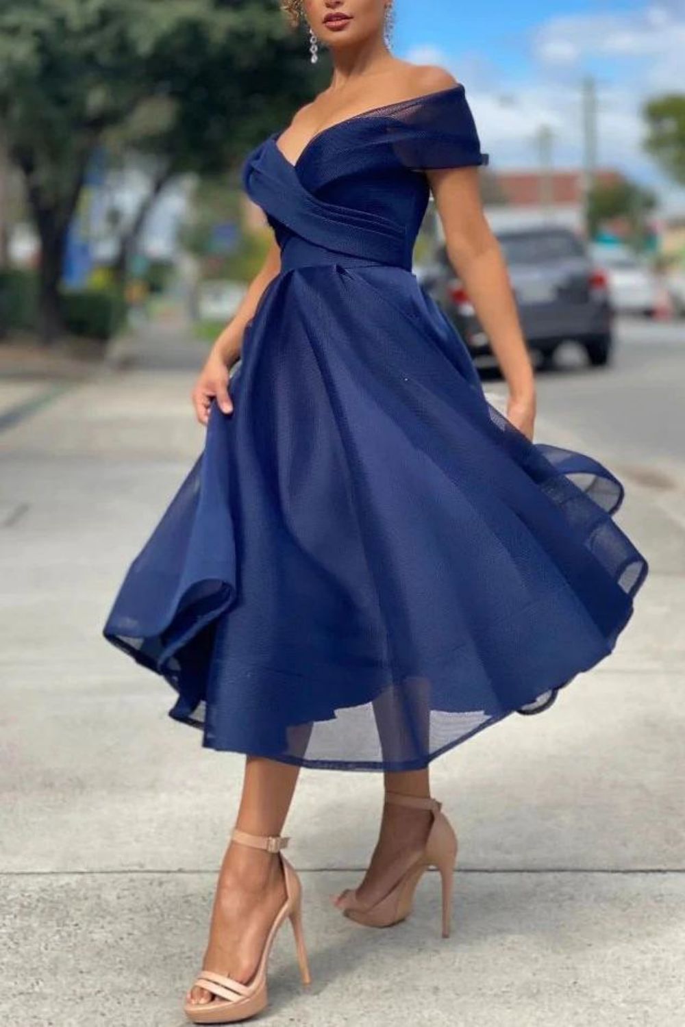 A-line Tea Length Off The Shoulder Homecoming Dress - Fashionpara