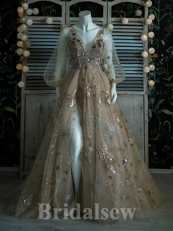 A-line V-Neck Long Sleeves Princess Gorgeous Stunning Long Women Evening Prom Dresses PD822 - Fashionpara