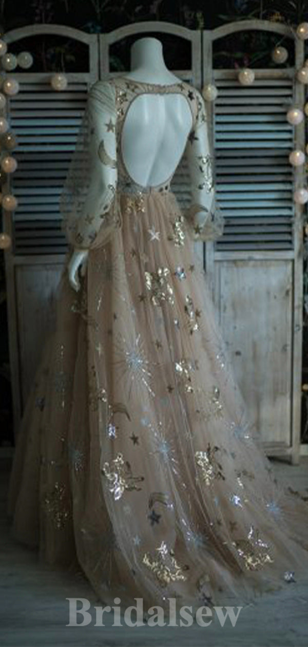 A-line V-Neck Long Sleeves Princess Gorgeous Stunning Long Women Evening Prom Dresses PD822 - Fashionpara
