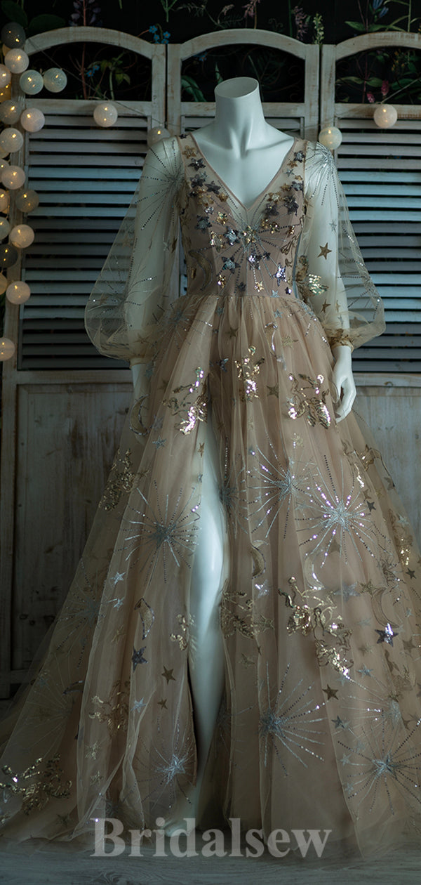 A-line V-Neck Long Sleeves Princess Gorgeous Stunning Long Women Evening Prom Dresses PD822 - Fashionpara