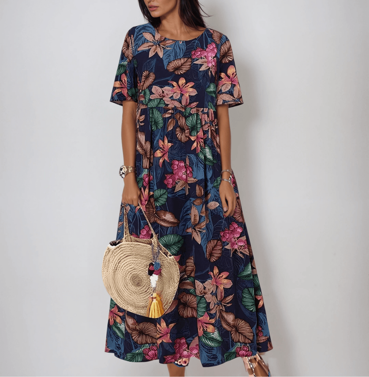 Tropical Floral Round Neck Short Sleeve Tiered Midi Dress