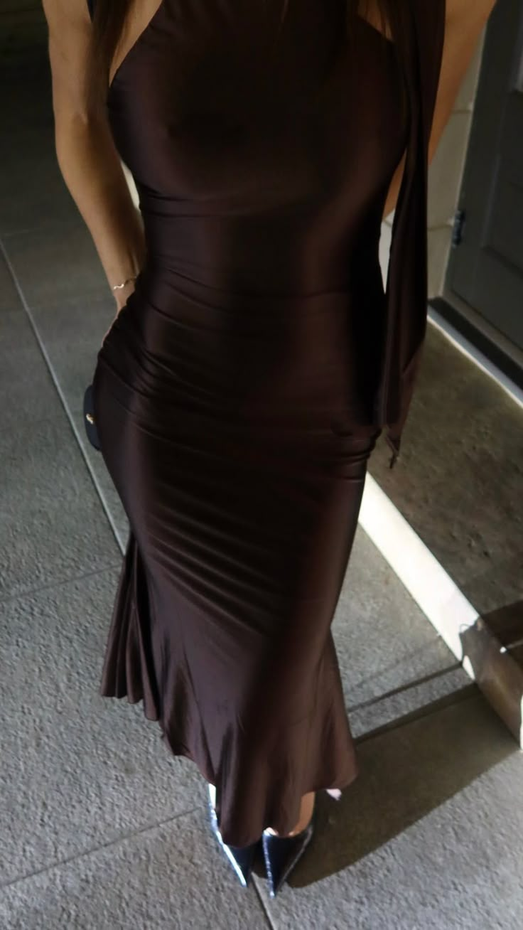 Stylish Halter Sleeveless Brown Satin Mermaid Long Wedding Guest Dress Evening Dress D1652