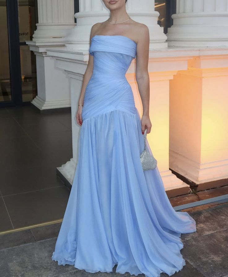 Elegant Strapless Blue Chiffon Pleated Mermaid Evening Dress Long Wedding Guest Dress D1023