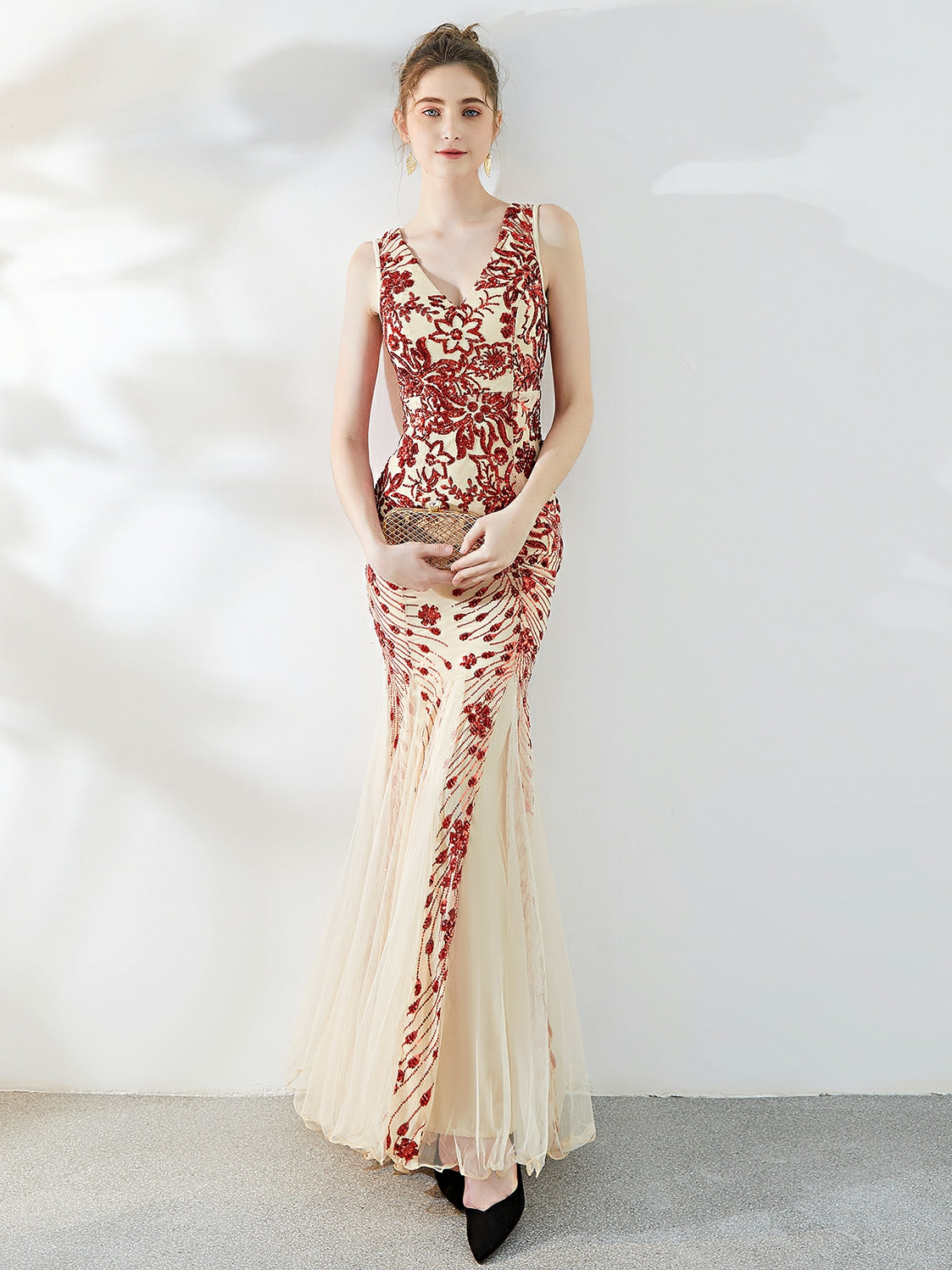 Floral Sequin V-Neck Sleeveless Fishtail Mermaid Gown 5