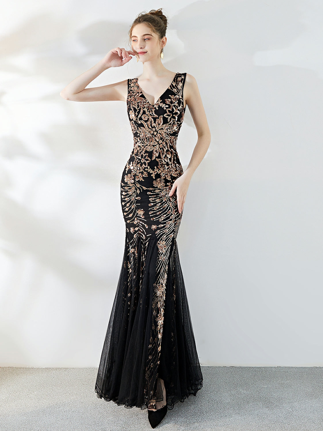 Floral Sequin V-Neck Sleeveless Fishtail Mermaid Gown 9