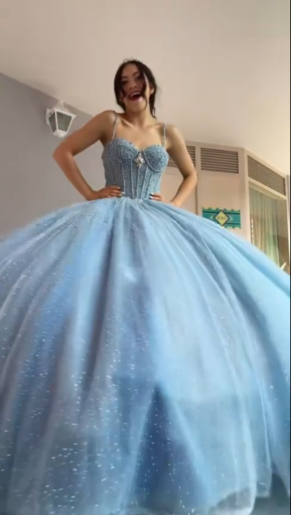 Shiny Spaghetti Straps Blue Tulle Sequin Beaded Formal Quinceanera Dress Sweet 16 Dress D1052