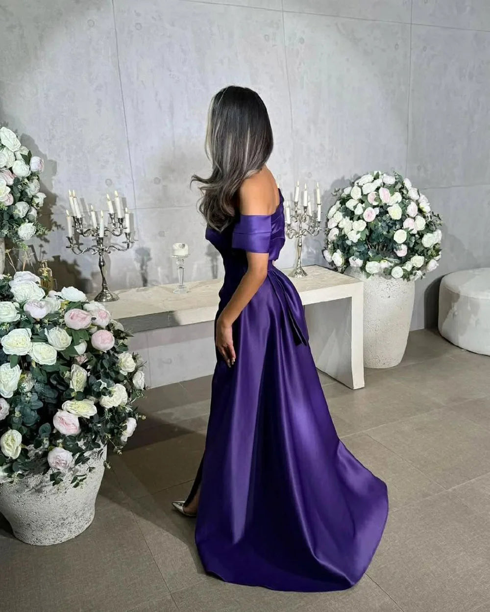 2025 Off Shoulder Evening Dress Purple Satin Formal Gown Slit Elegant Prom Dress Floor Length Party Dress Customizd