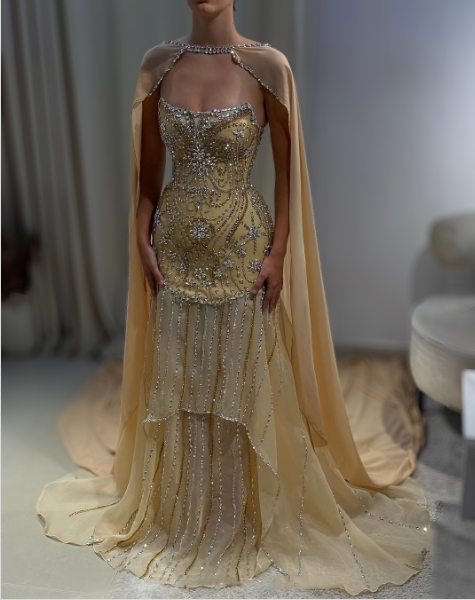 Glitter Yellow Chiffon Sequin Beaded Mermaid Evening Dress Long Birthday Prom Gown D1435