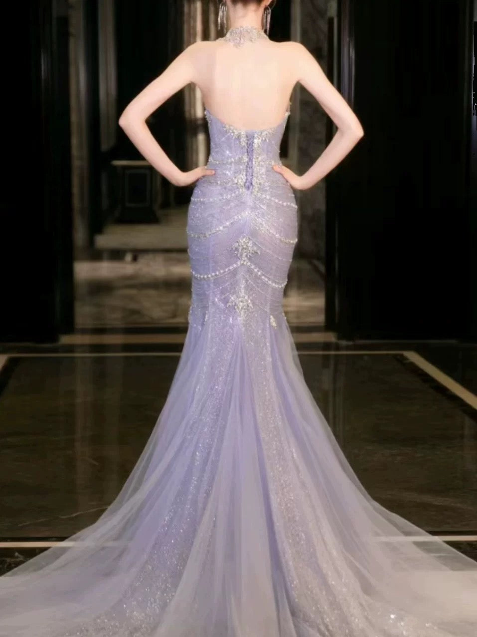 Pretty Mermaid Off The Shoulder Blue Tulle Silver Beads Long Prom Dresses Formal Evening Dress SD1399