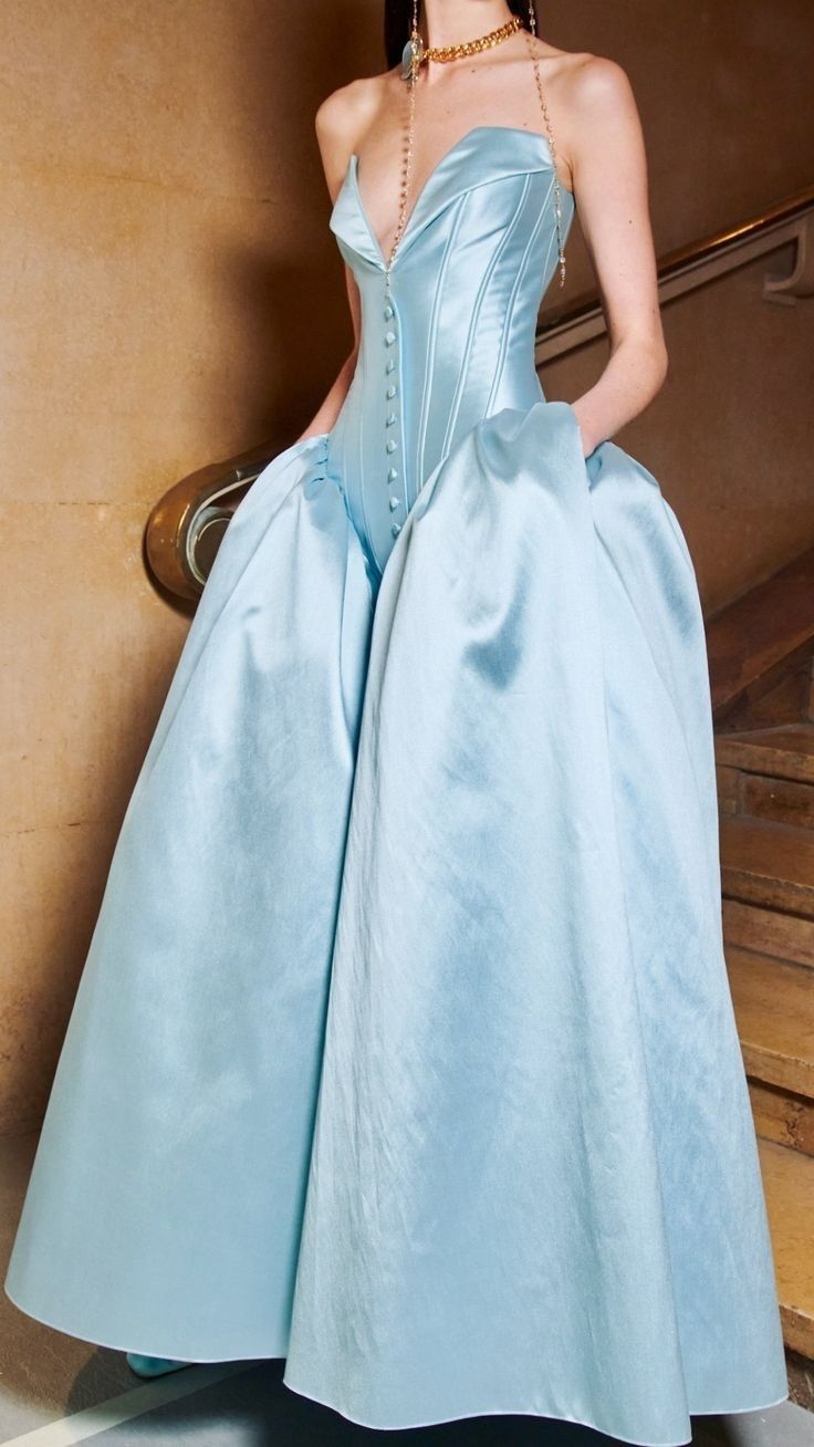 Stylish Sky Blue Strapless Satin A Line Long Party Dress Prom Gown With Pockets D1357