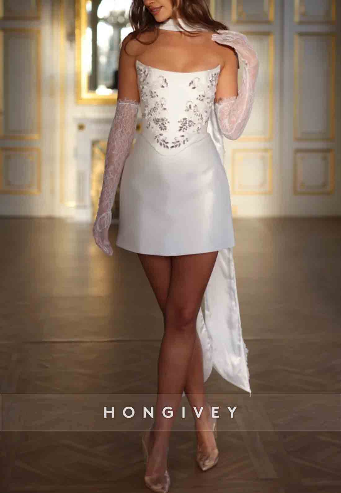 Appliqued Crisscross Back Strapless Sheath Mini Wedding Dresses