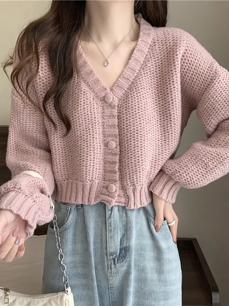 V-neck Button-Up Knit Cardigan