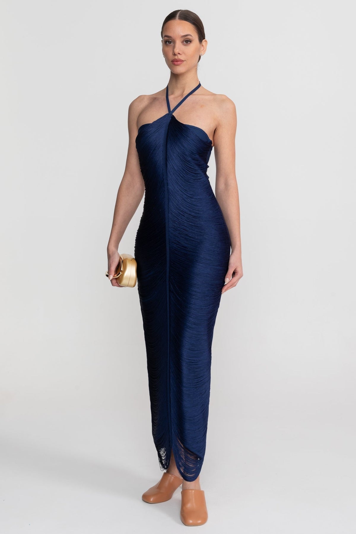 Halter Neck Midi Dress With All-Over Pleated Texture - Blue - View 3