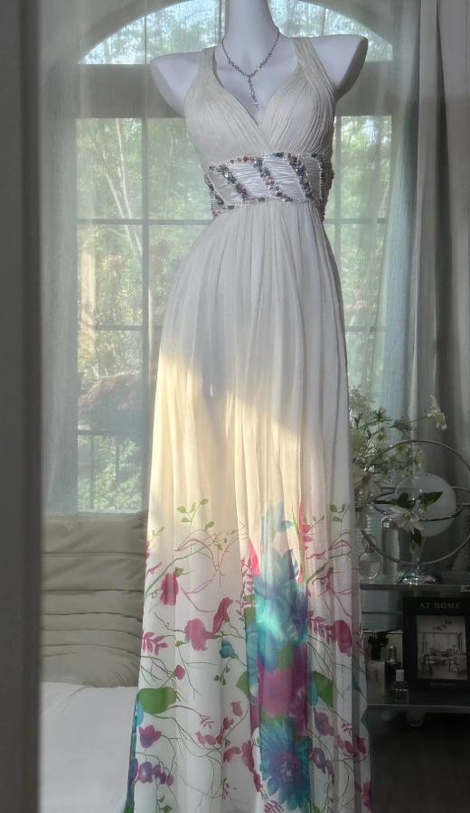 Chic White V Neck Chiffon Print Floral Beaded Long Evening Dress Backless Party Gown D926