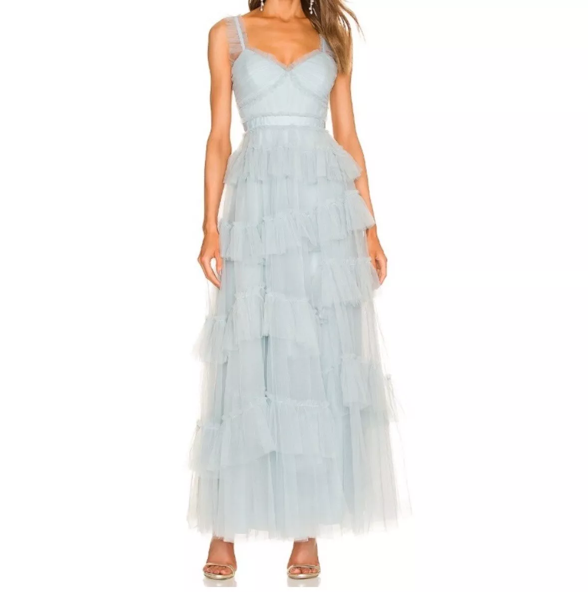 Light Blue Tulle Prom Dresses Ruffles Pleated Baby Blue Evening Gown